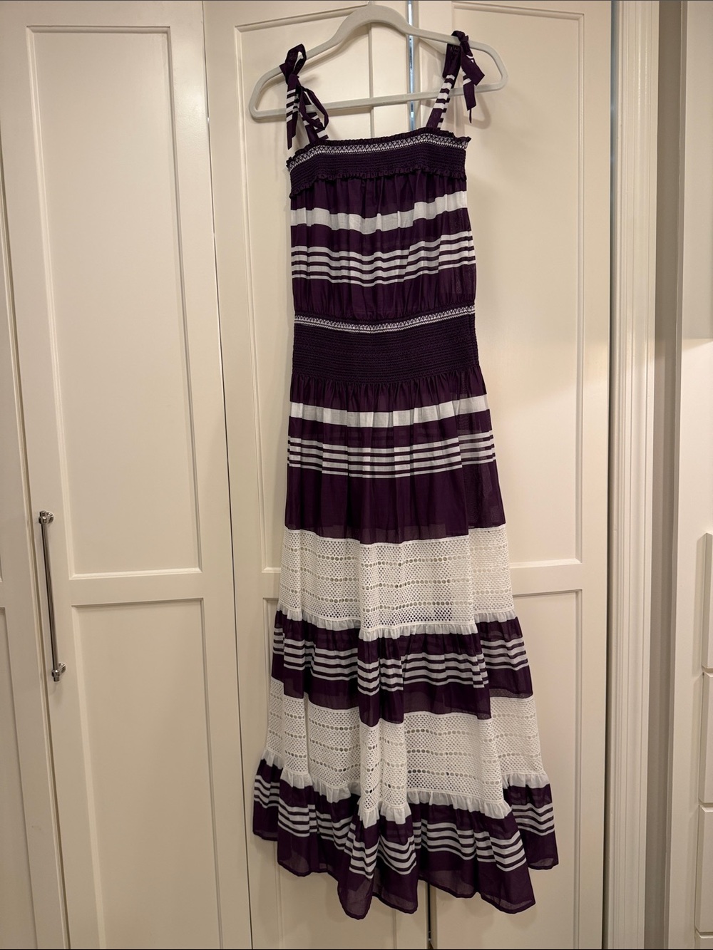 Tory Burch Purple and White Striped Maxi Dress with Tie Straps